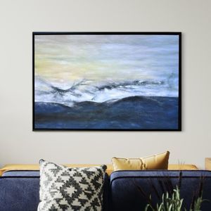 Framed Canvas Print Wall Art Mid Century Landscape Abstract Blue Yellow Coastal